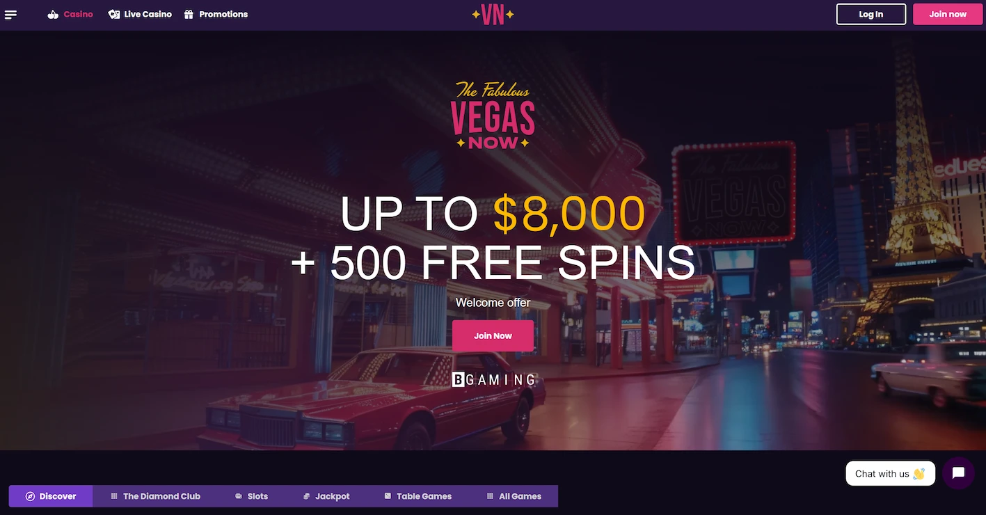 VegasNow casino showing welcome offer