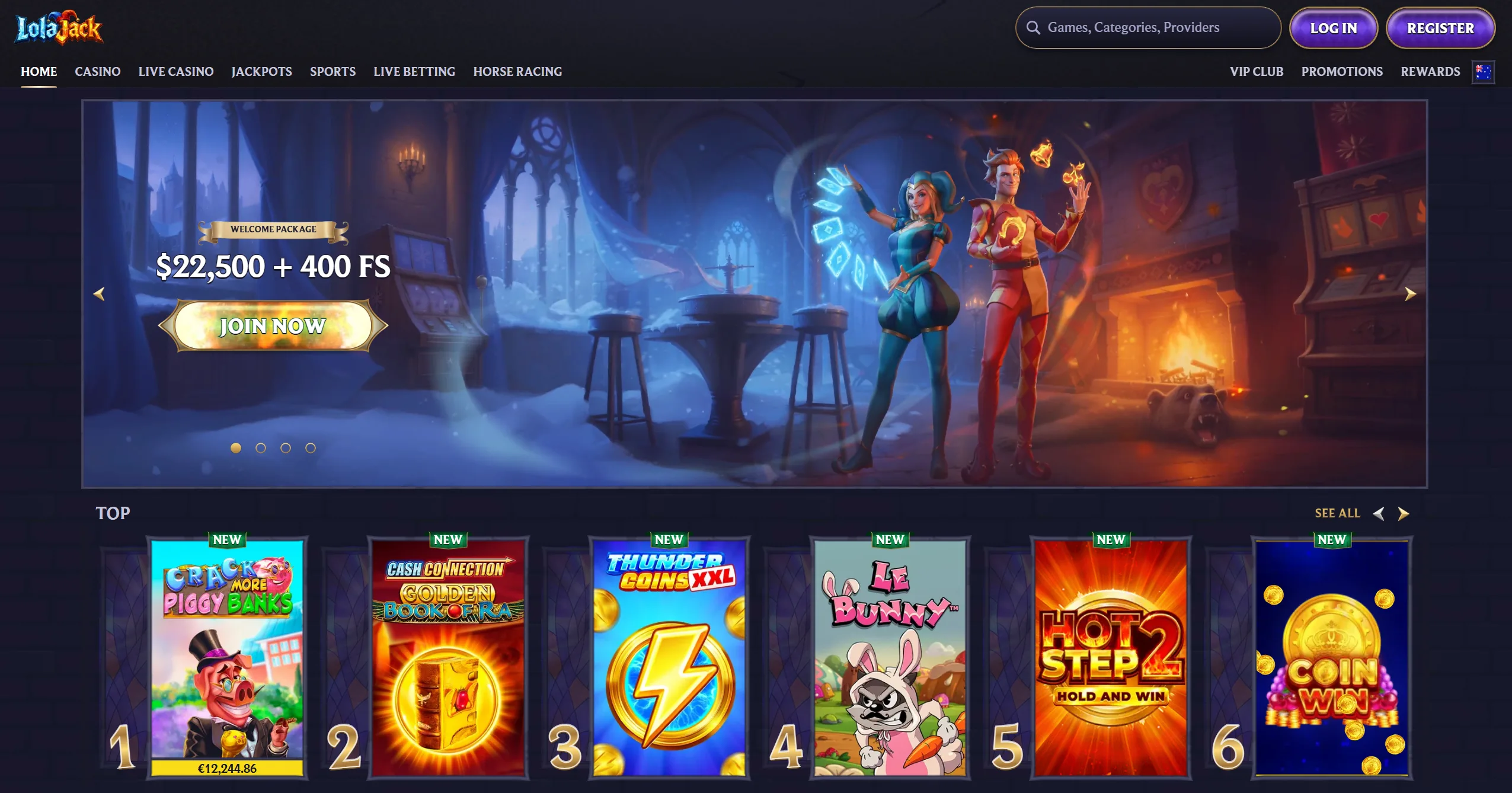 LolaJack frontpage showing a $22,500 Welcome Bonus and top online pokies